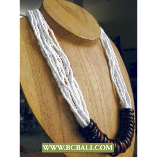 White Beaded with Wooden Rings Fashion Necklaces